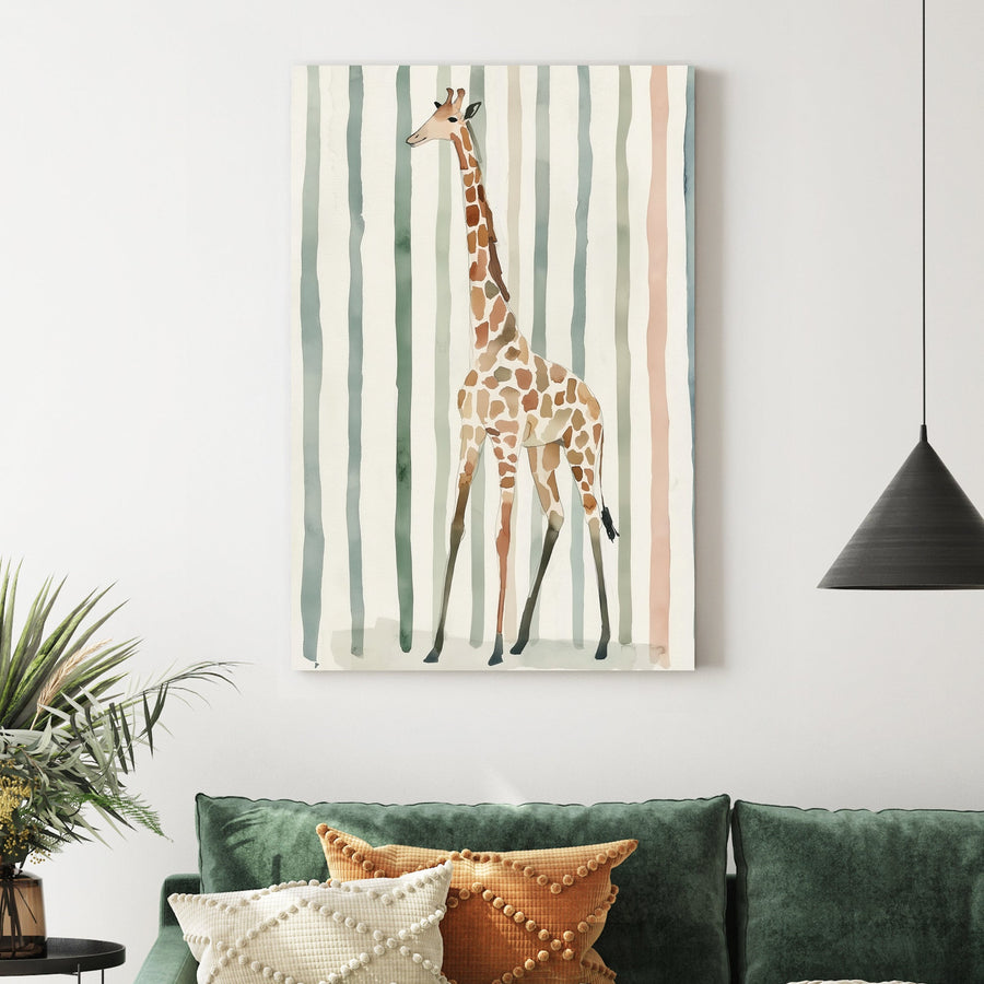 giraffe nursery wall art with watercolour stripes