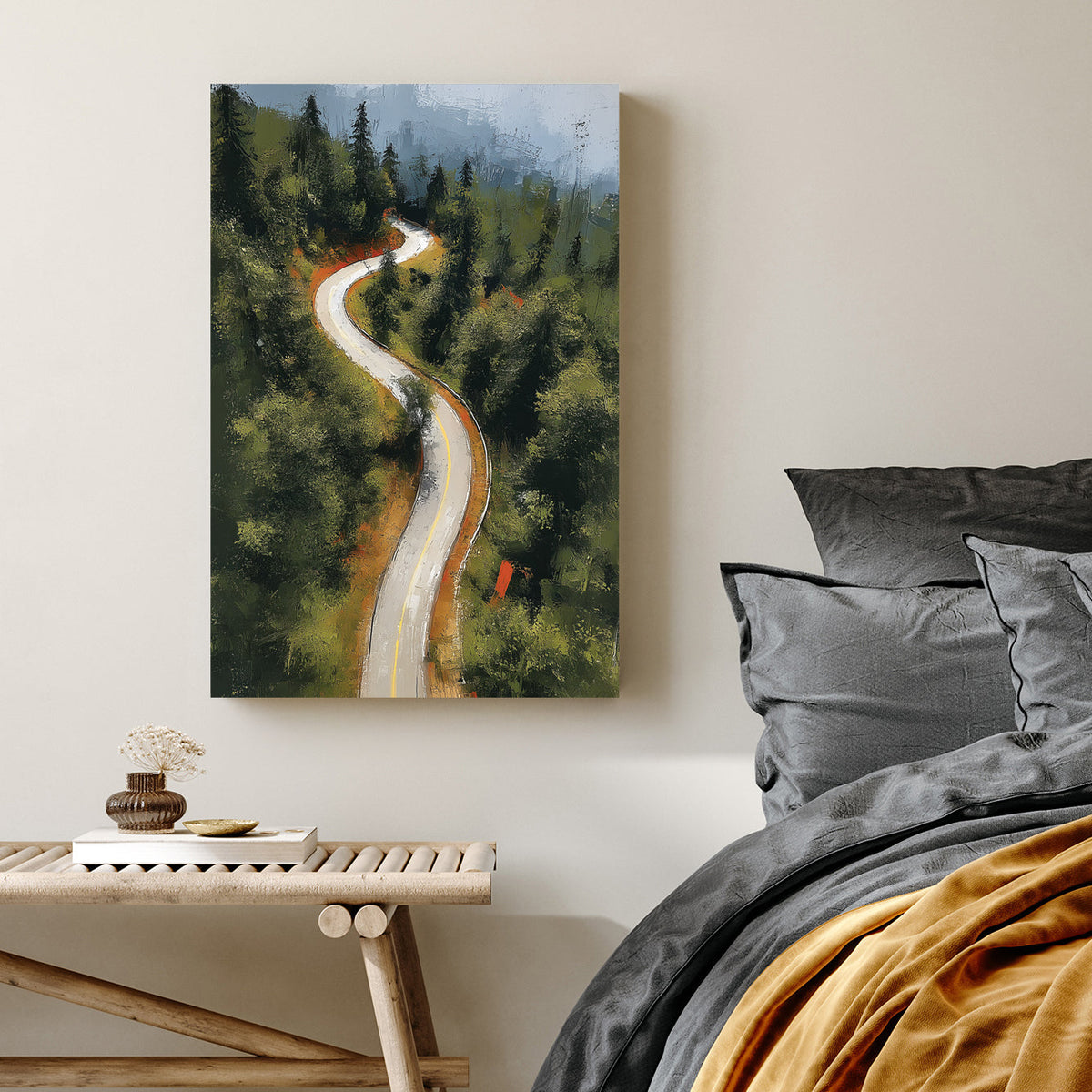 winding road in forest wall art painting
