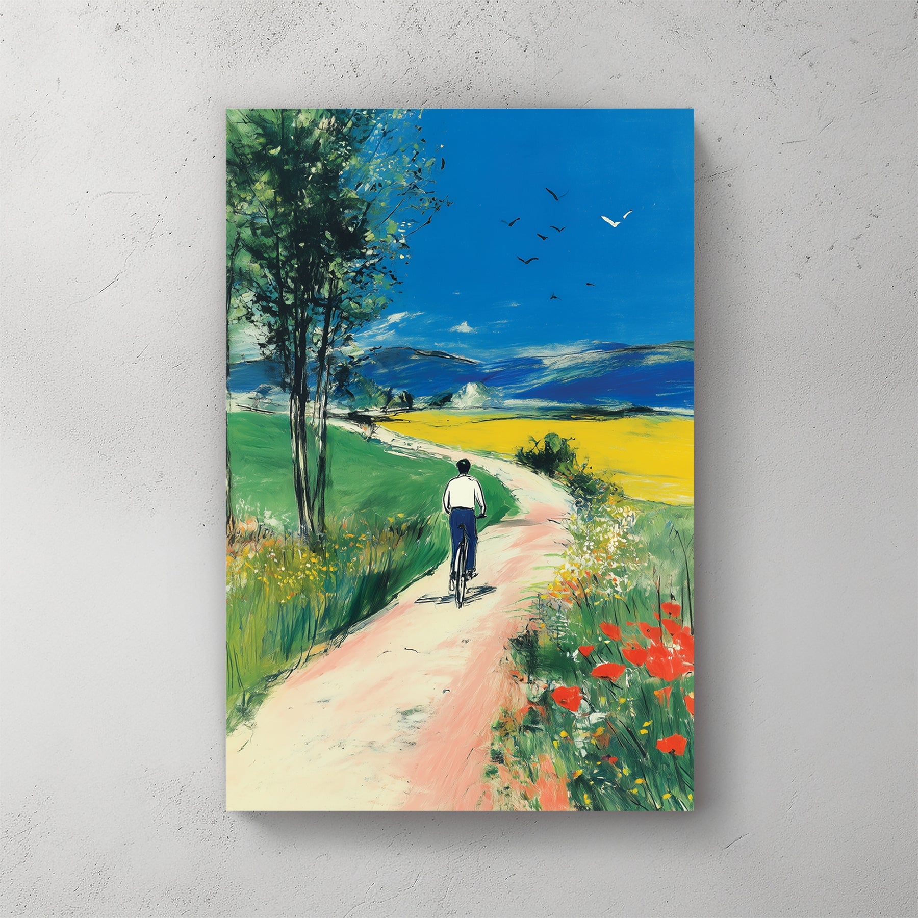 cyclist on country road painting landscape wall art