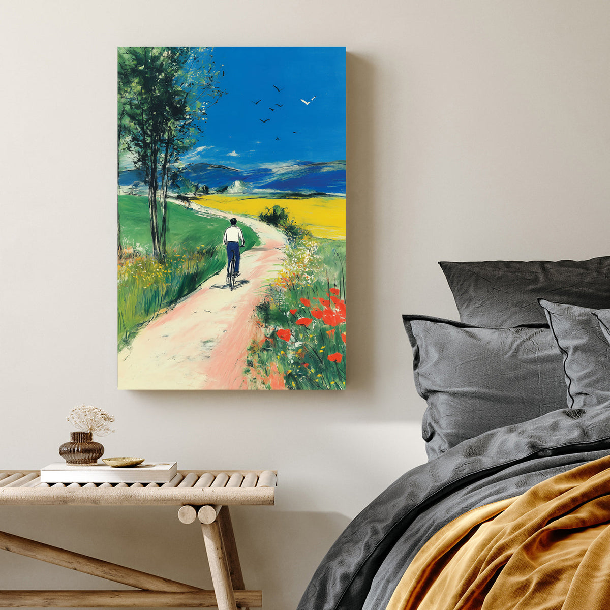 cyclist on country road painting landscape wall art