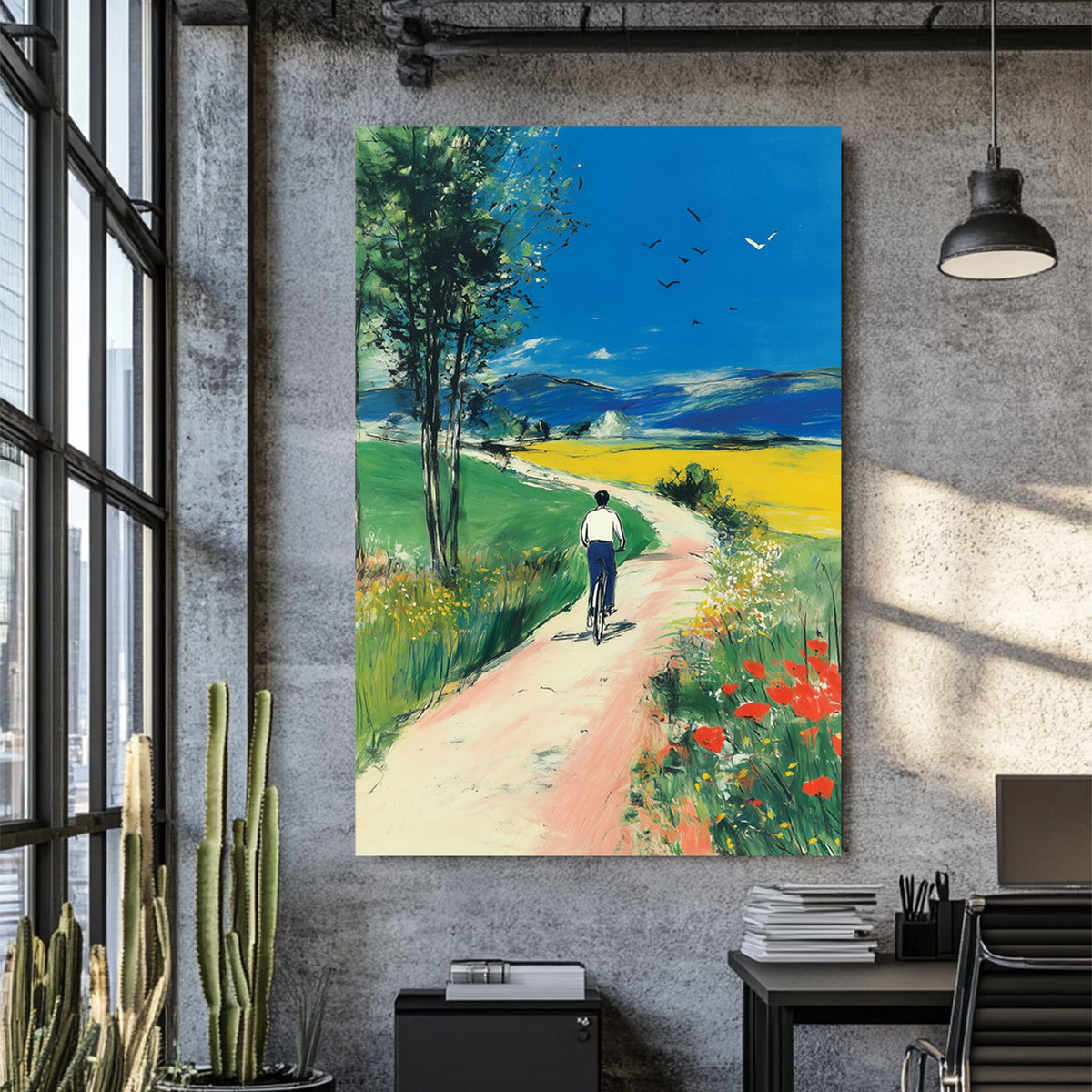 cyclist on country road painting landscape wall art