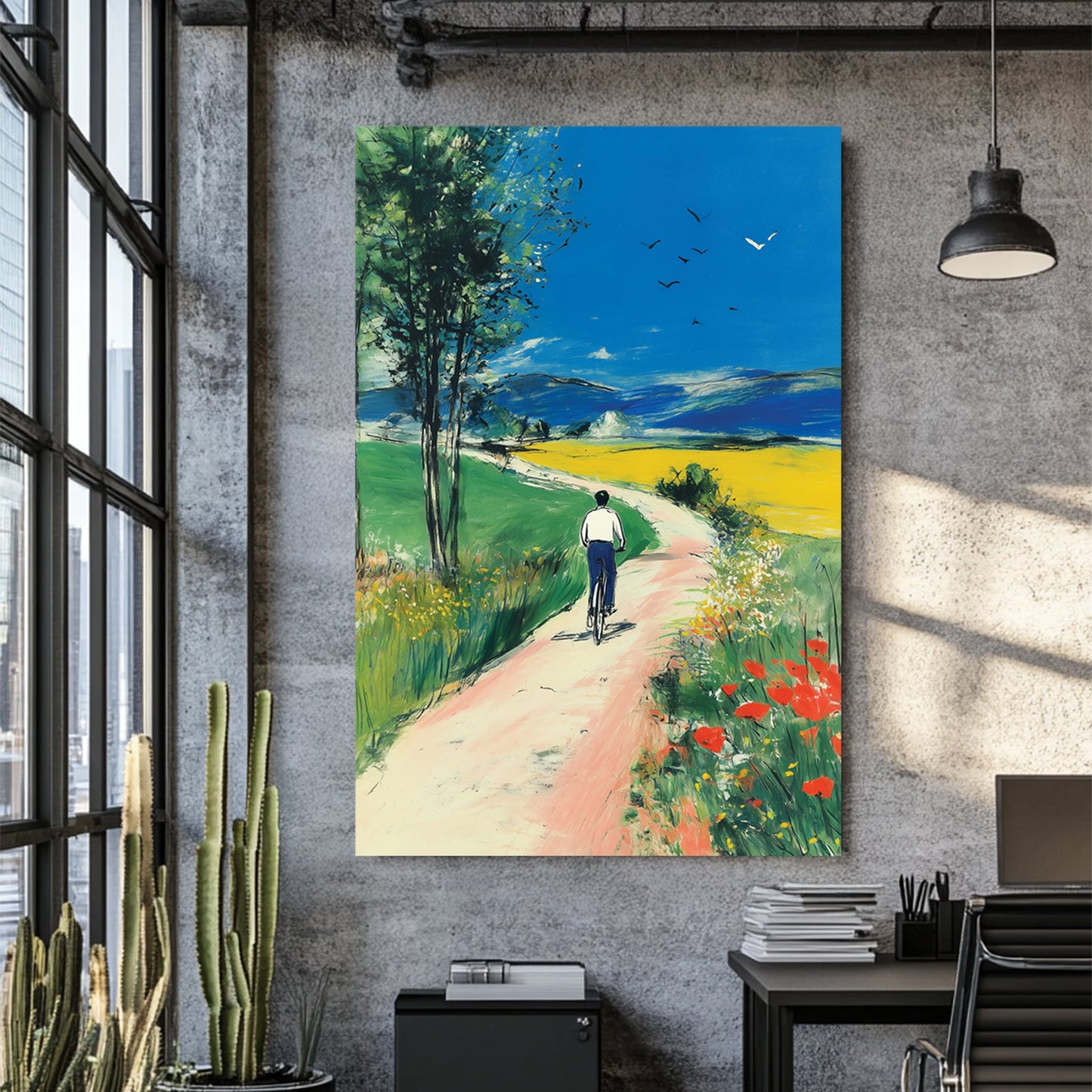 cyclist on country road painting landscape wall art