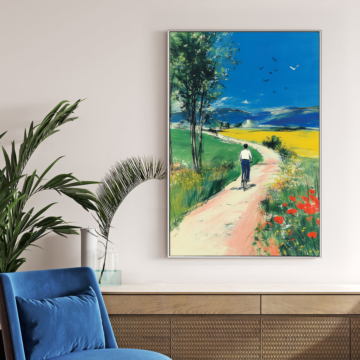 cyclist on country road painting landscape wall art