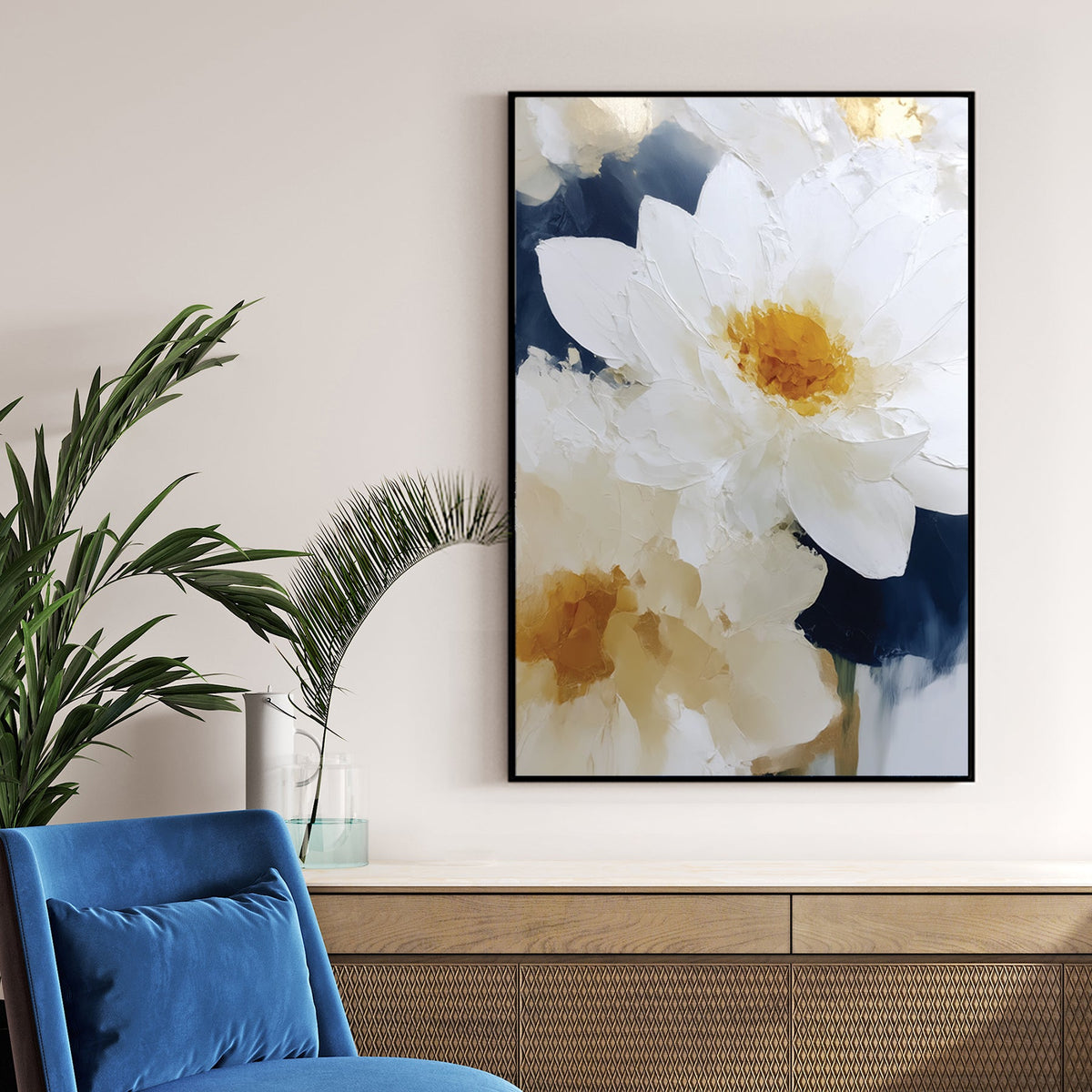 white flower painting with gold accents floral wall art