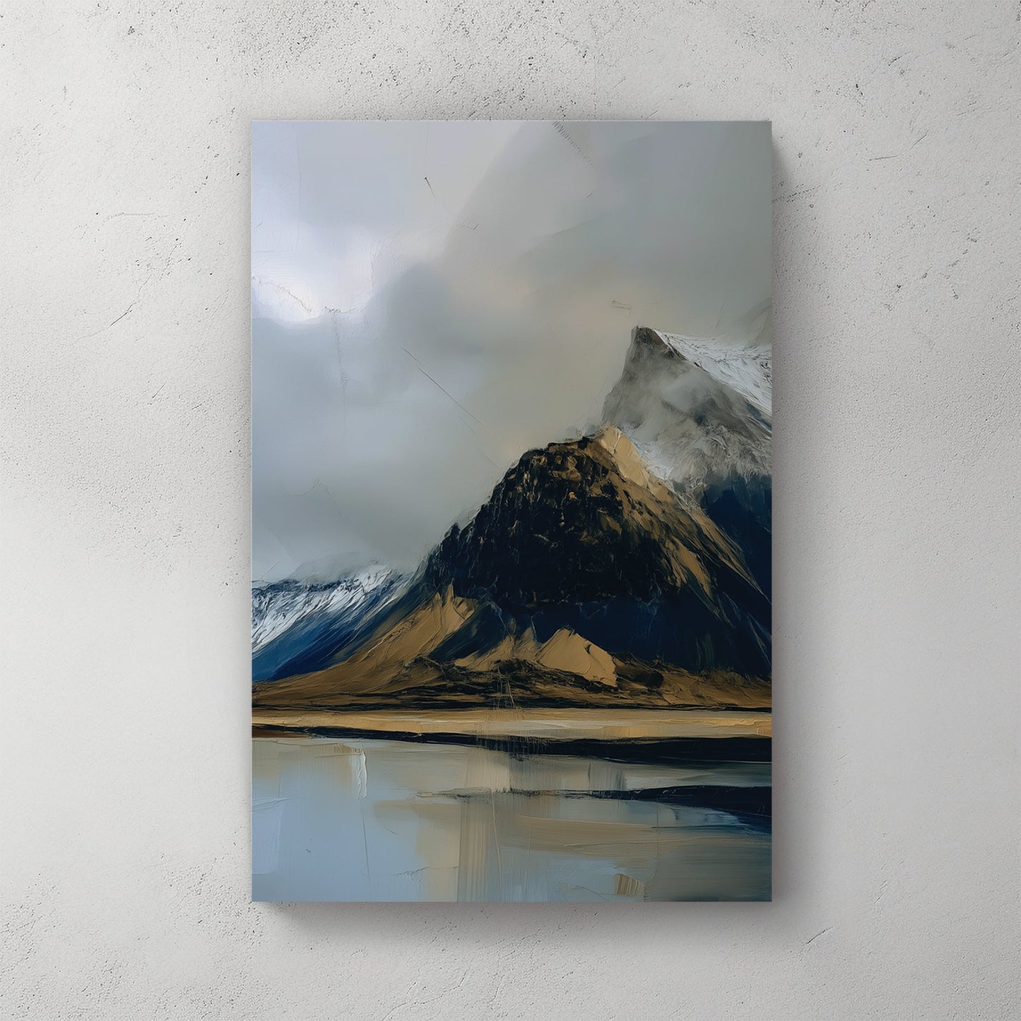 moody mountain landscape painting with lake reflection