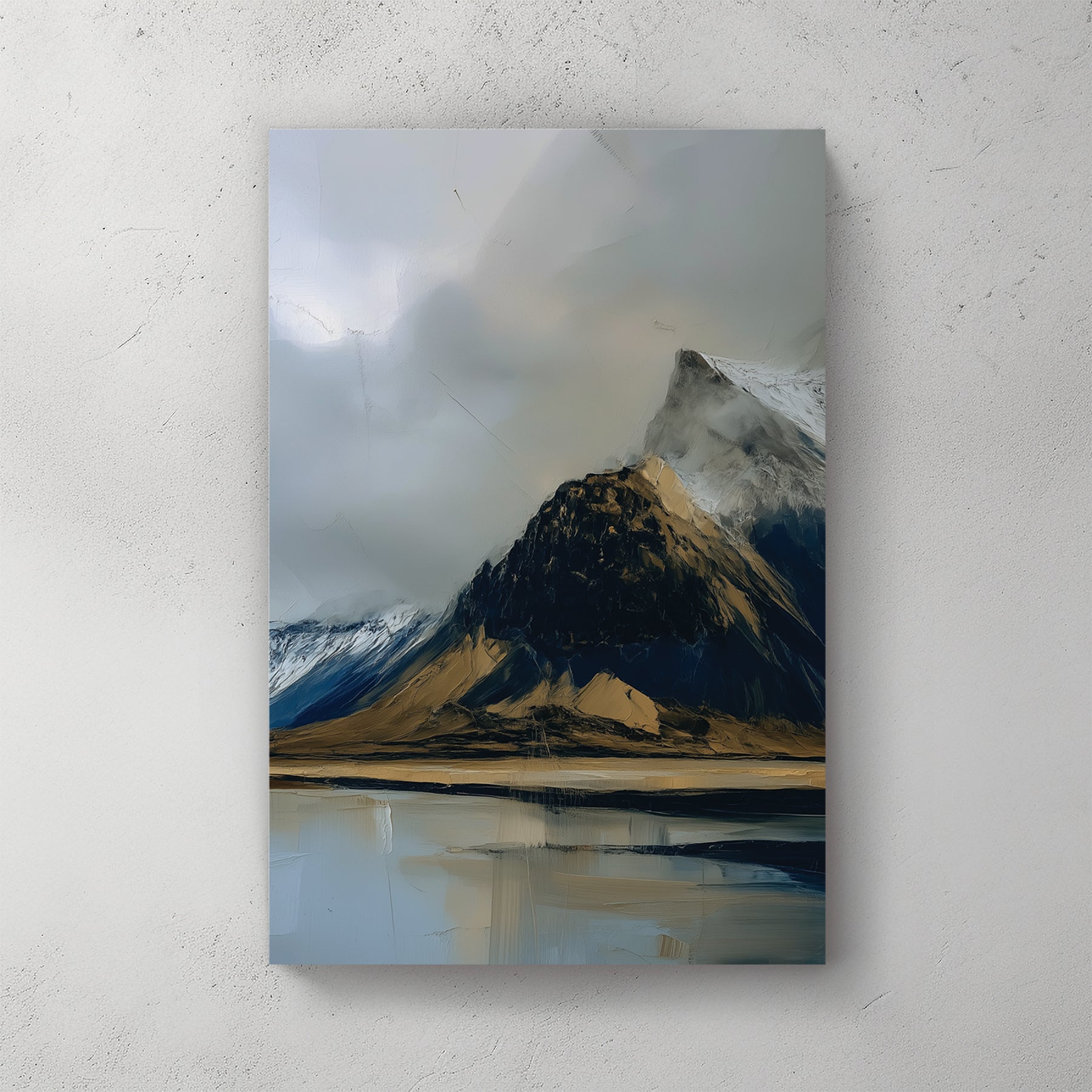moody mountain landscape painting with lake reflection