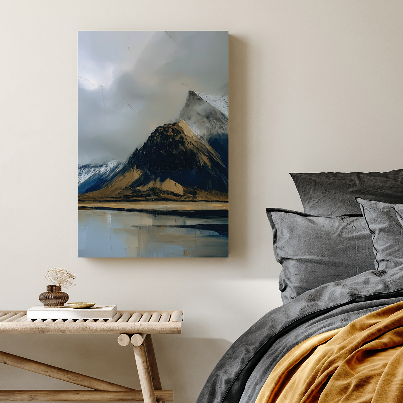 moody mountain landscape painting with lake reflection