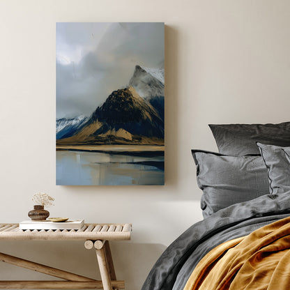 moody mountain landscape painting with lake reflection