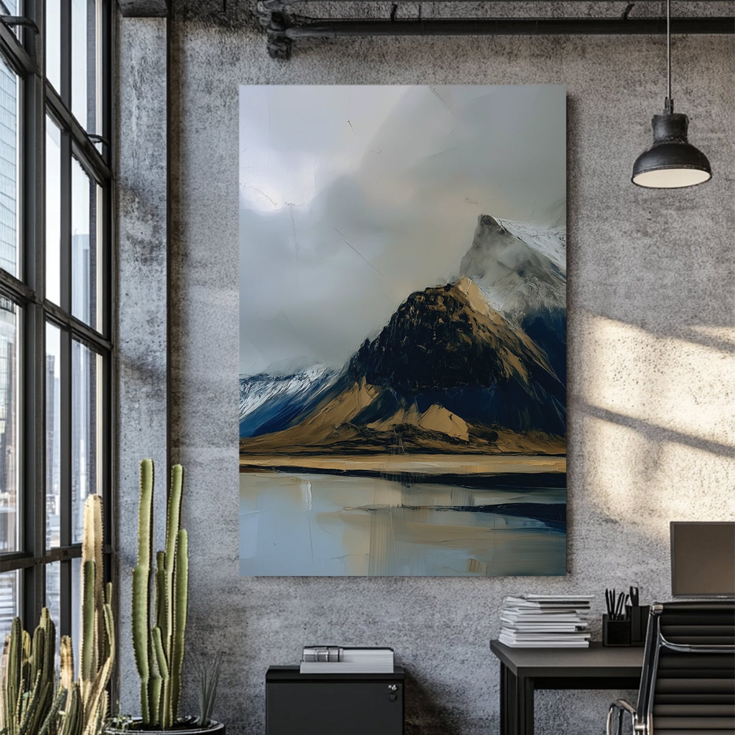 moody mountain landscape painting with lake reflection