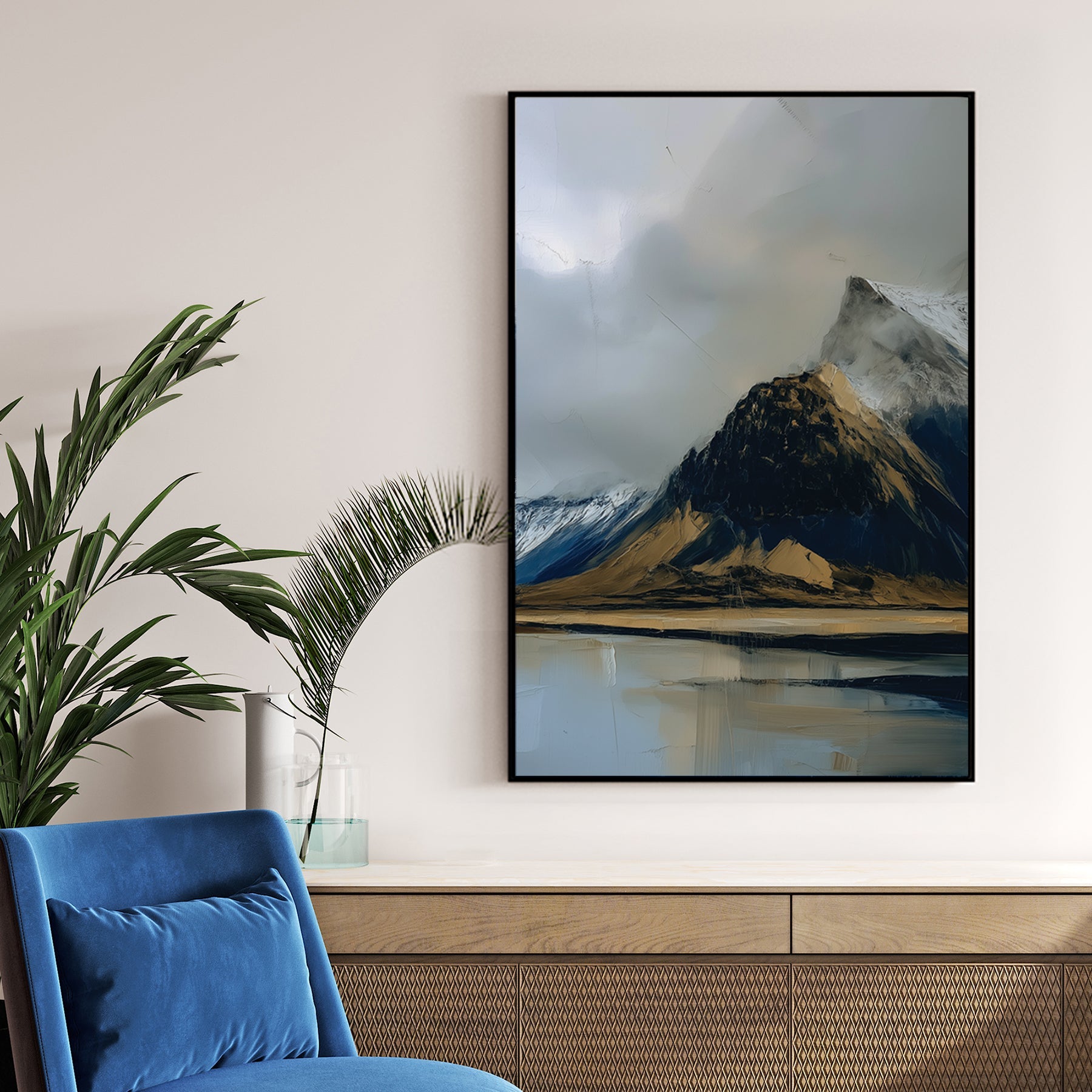 moody mountain landscape painting with lake reflection