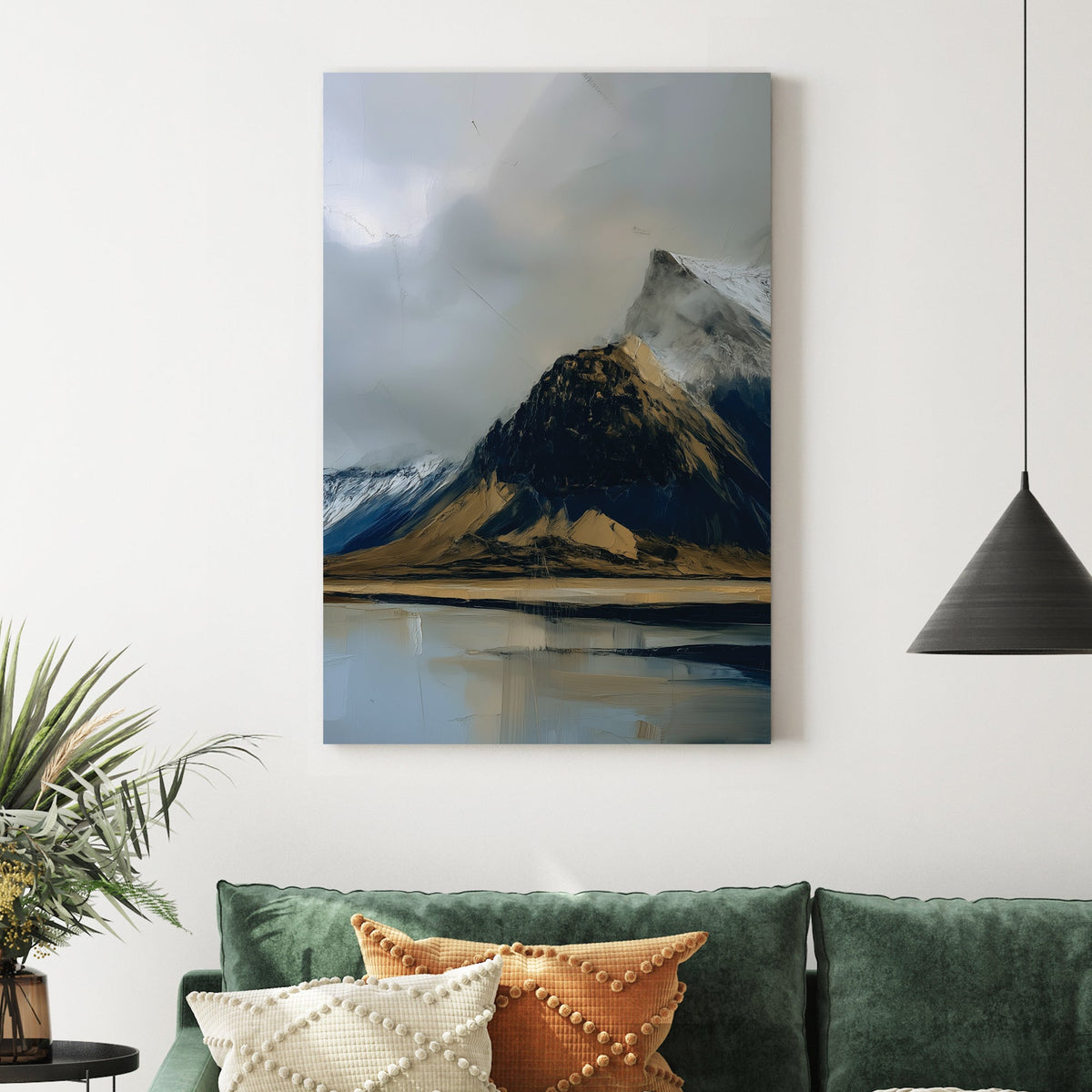 moody mountain landscape painting with lake reflection