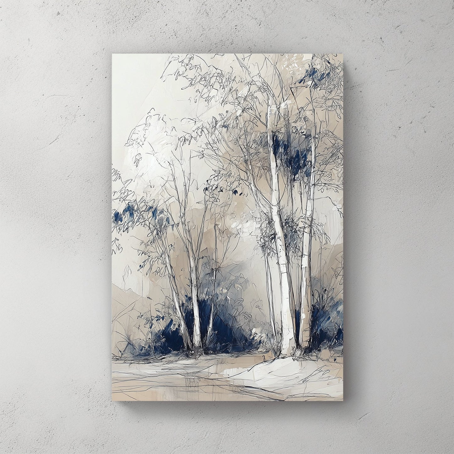 sketch-style birch tree wall art in beige and blue