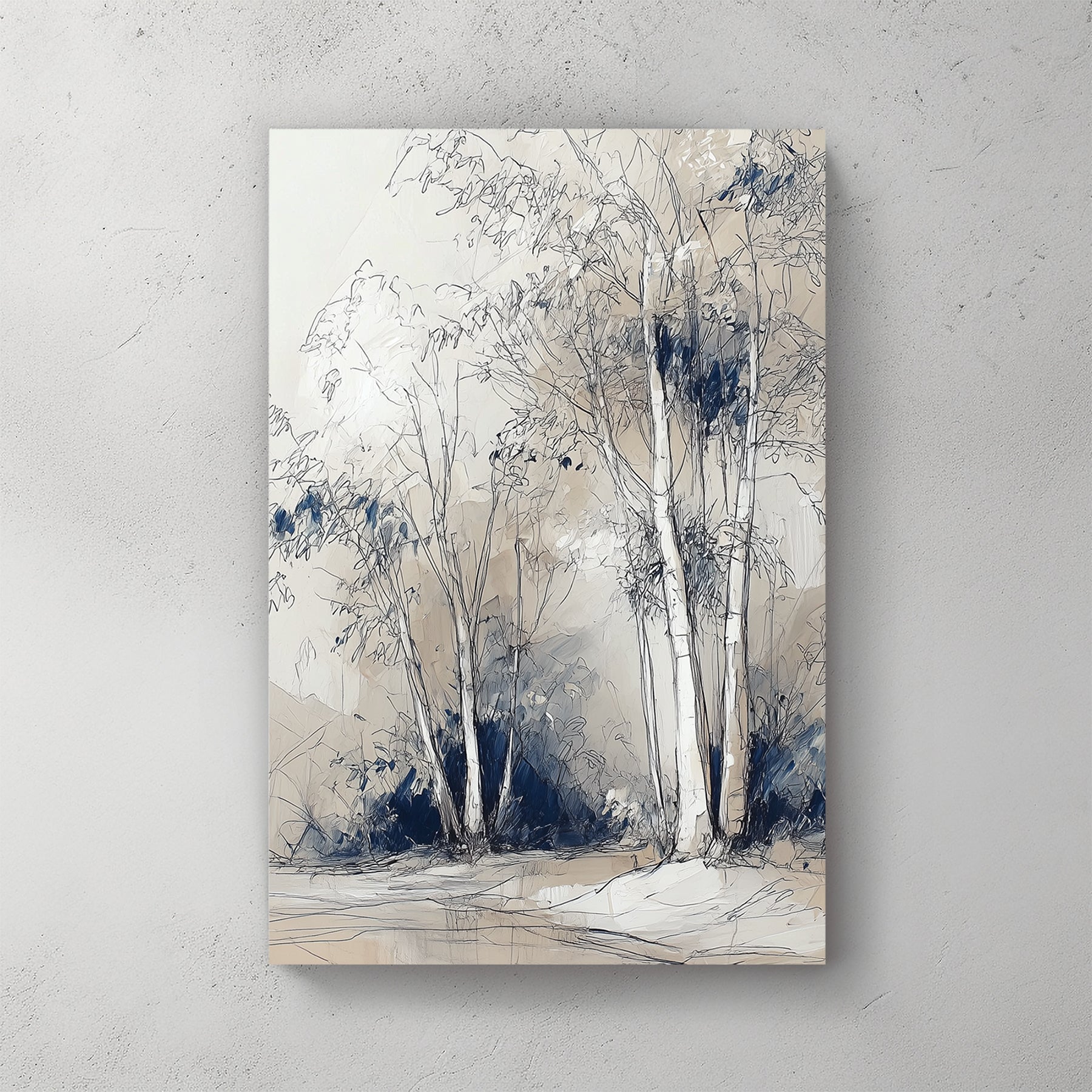 sketch-style birch tree wall art in beige and blue