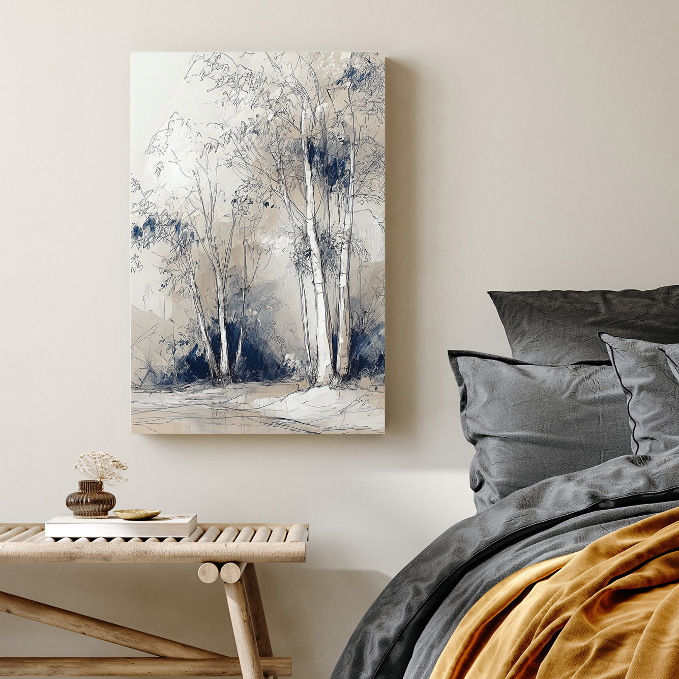 sketch-style birch tree wall art in beige and blue