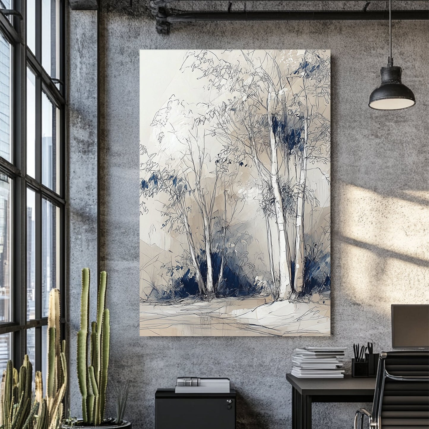 sketch-style birch tree wall art in beige and blue