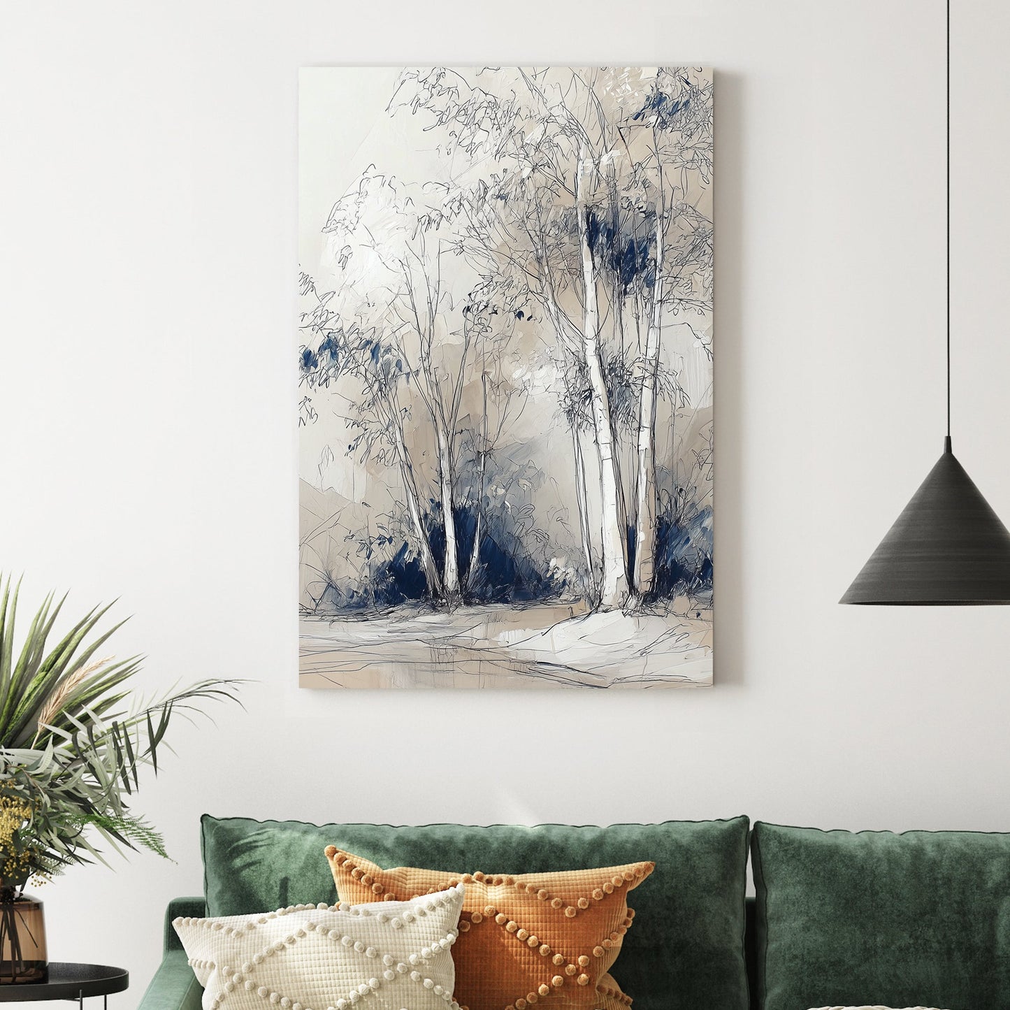sketch-style birch tree wall art in beige and blue