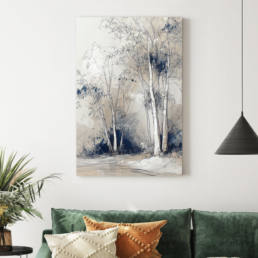 sketch-style birch tree wall art in beige and blue