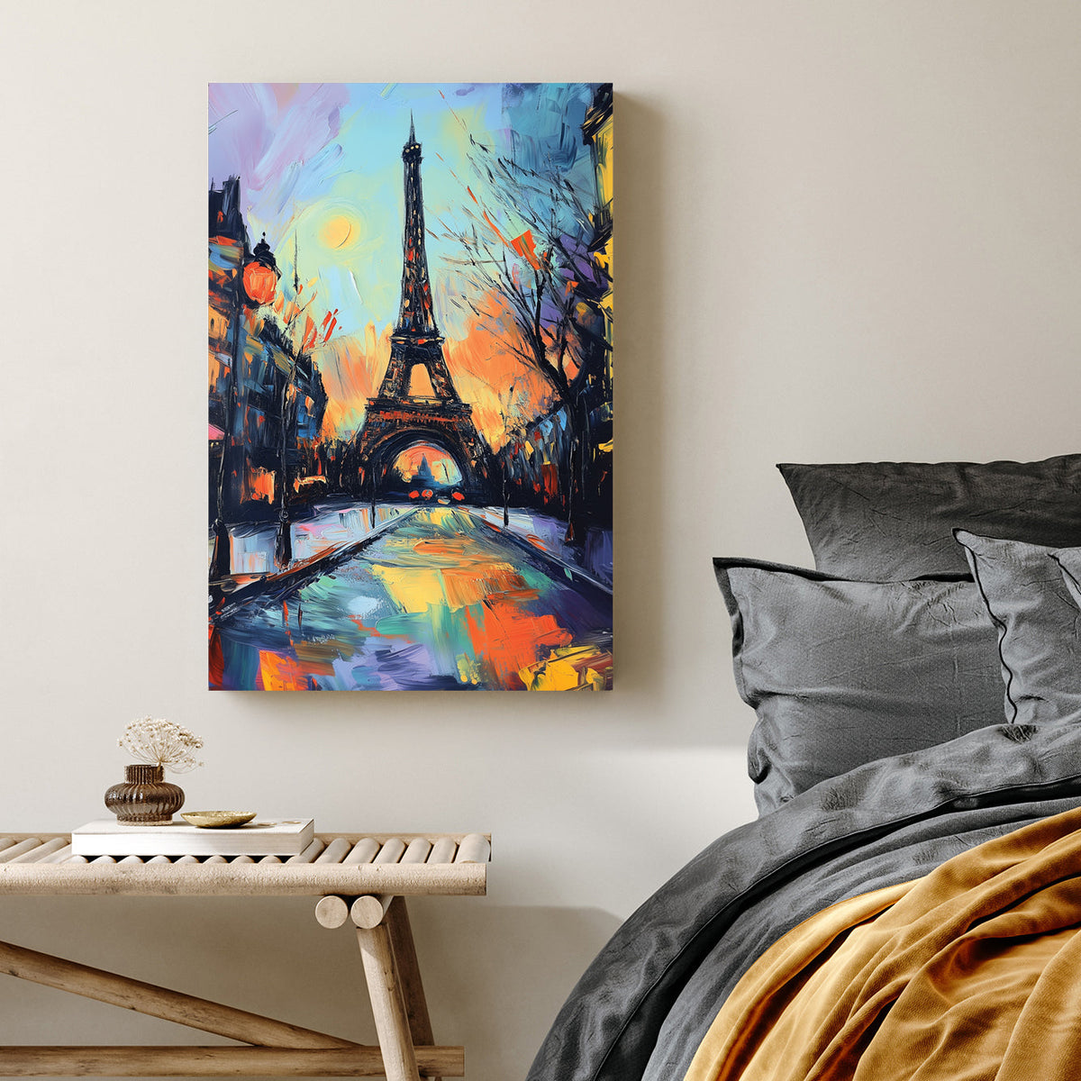 paris eiffel tower abstract wall art with vibrant brushstrokes