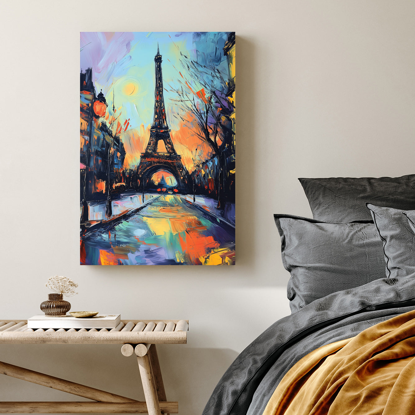 paris eiffel tower abstract wall art with vibrant brushstrokes