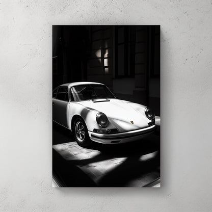 vintage porsche 911 wall art in black and white with dramatic lighting
