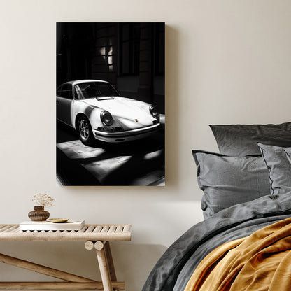 vintage porsche 911 wall art in black and white with dramatic lighting