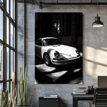 vintage porsche 911 wall art in black and white with dramatic lighting