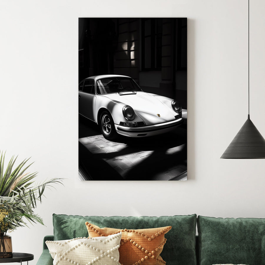 vintage porsche 911 wall art in black and white with dramatic lighting
