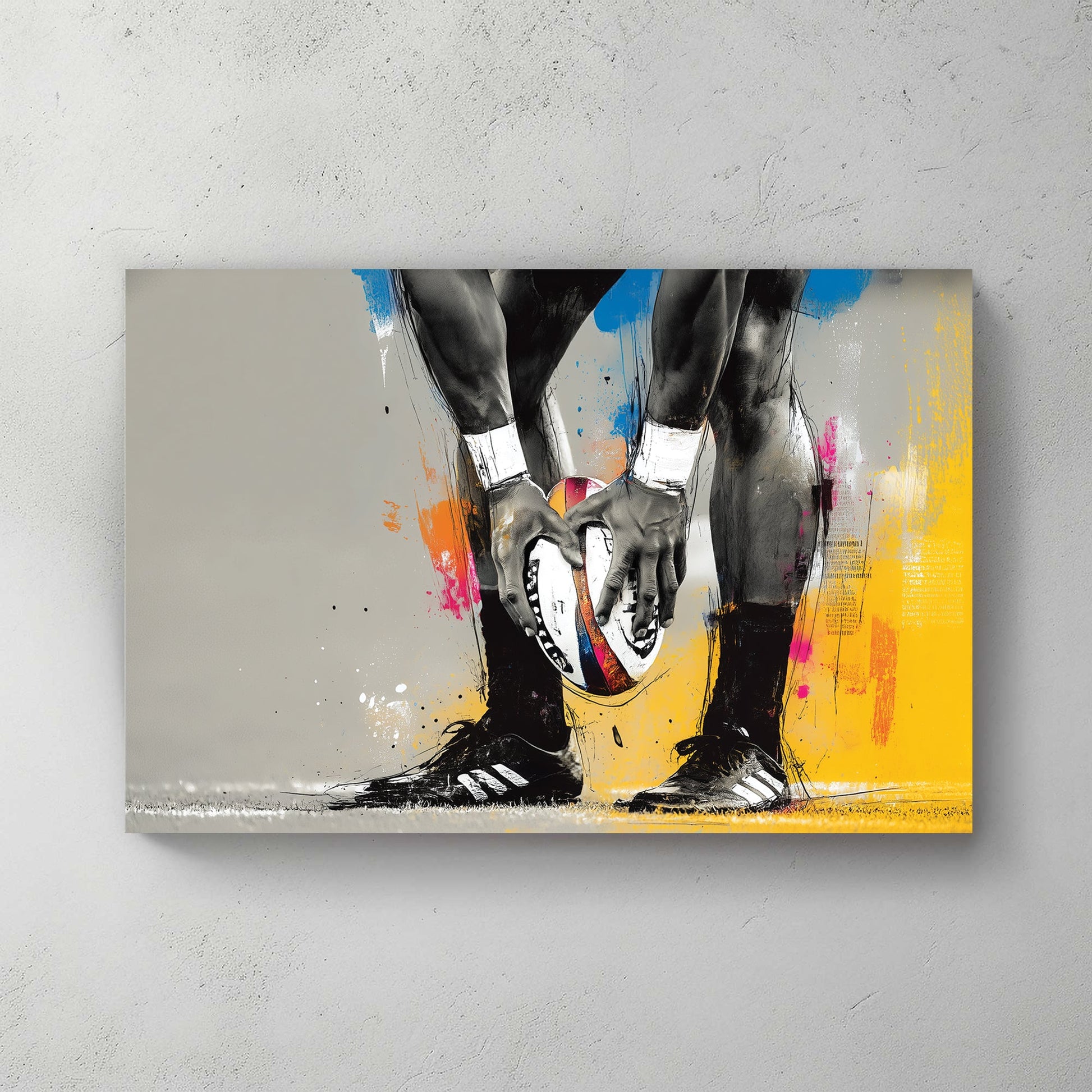 rugby sports wall art with colourful abstract brush strokes