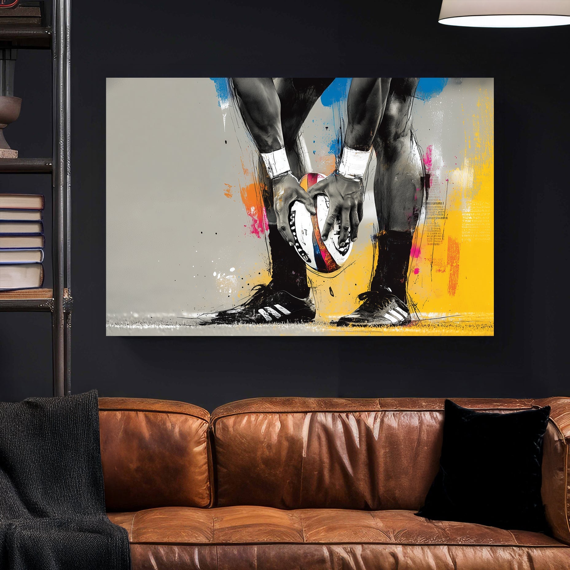 rugby sports wall art with colourful abstract brush strokes