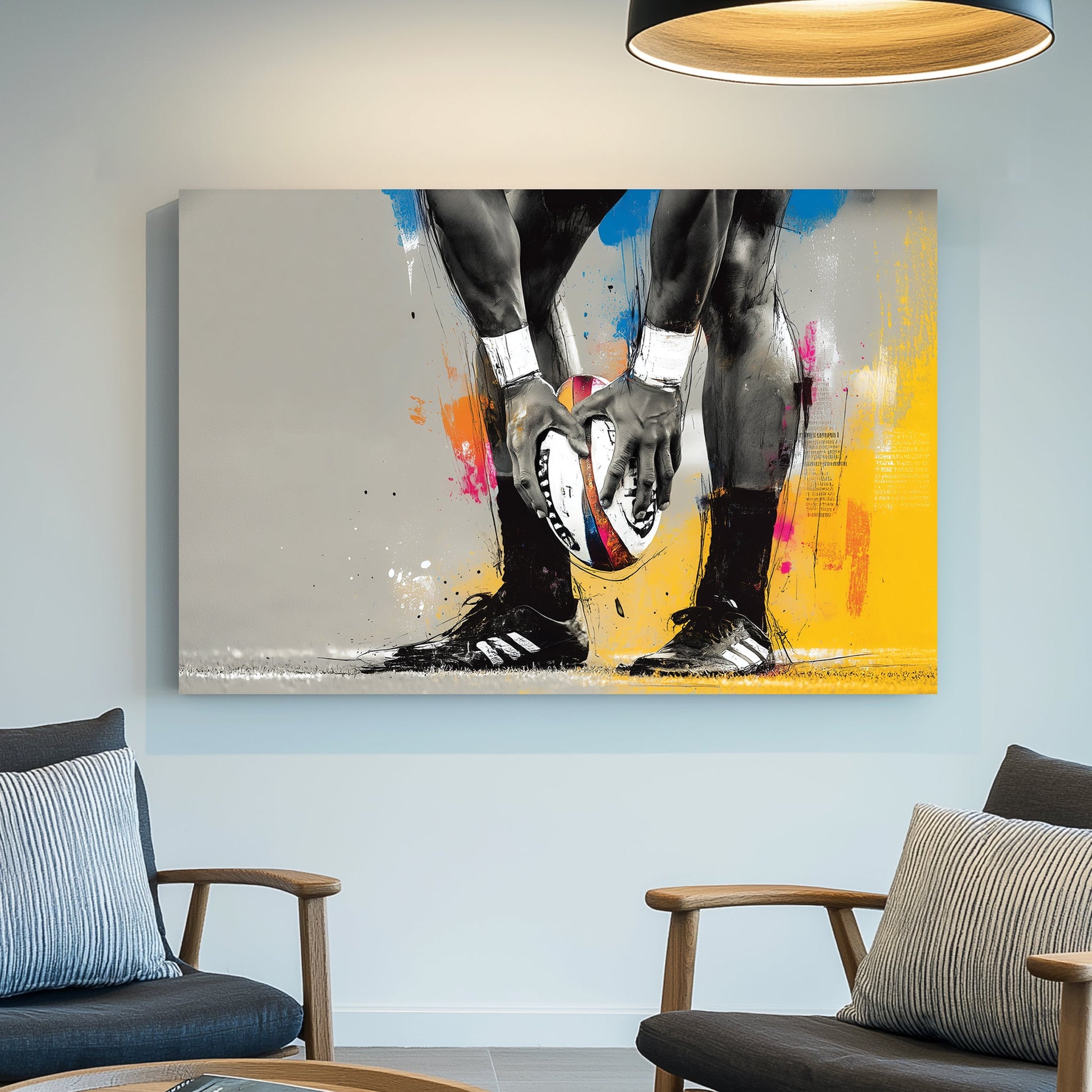 rugby sports wall art with colourful abstract brush strokes