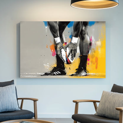 rugby sports wall art with colourful abstract brush strokes