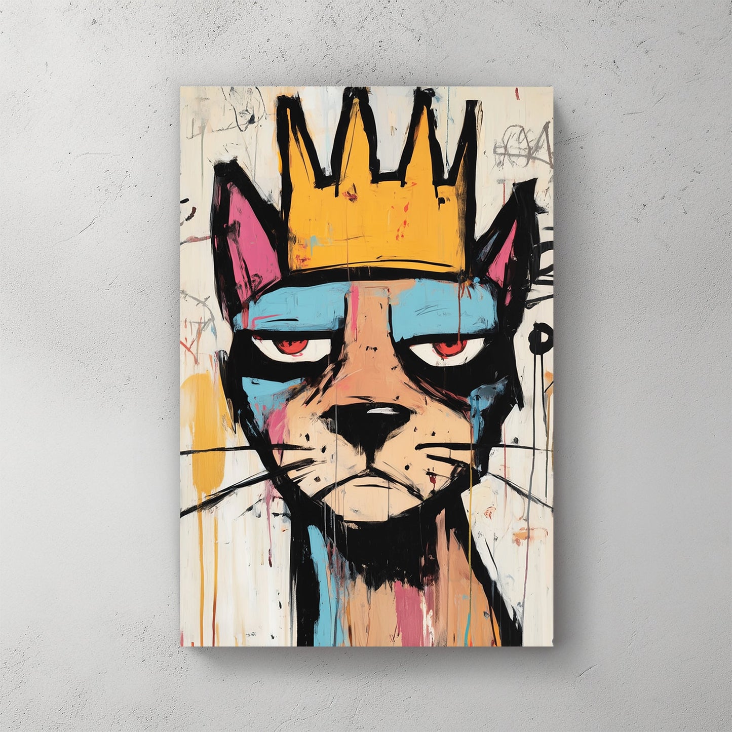graffiti style cat with crown wall art in basquiat style