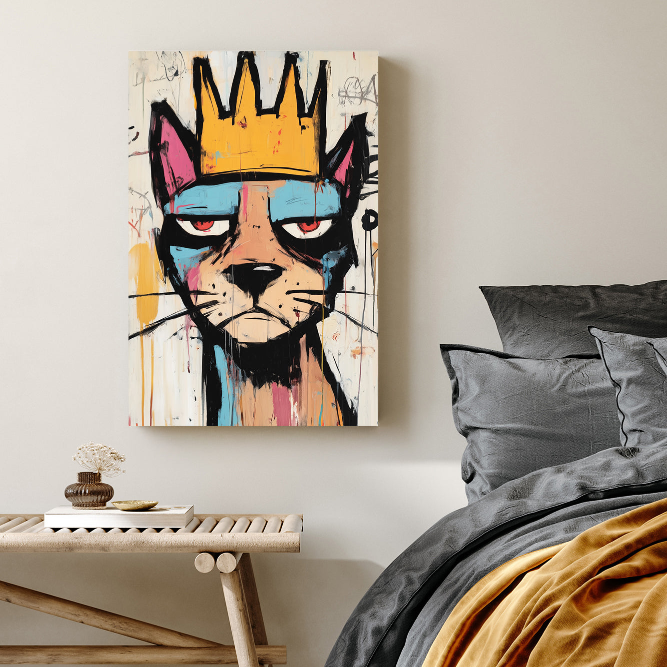 graffiti style cat with crown wall art in basquiat style