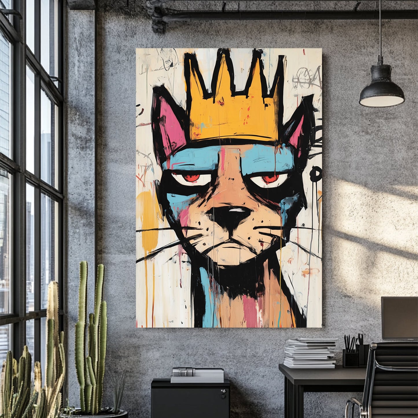 graffiti style cat with crown wall art in basquiat style
