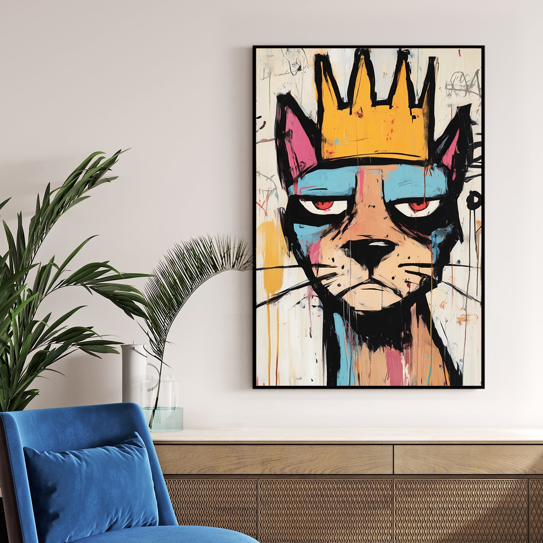 graffiti style cat with crown wall art in basquiat style