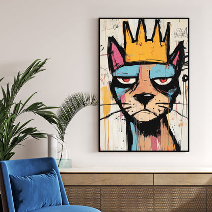 graffiti style cat with crown wall art in basquiat style