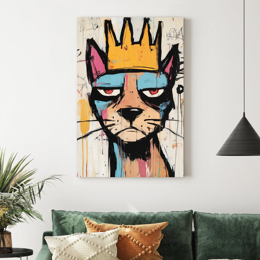 graffiti style cat with crown wall art in basquiat style