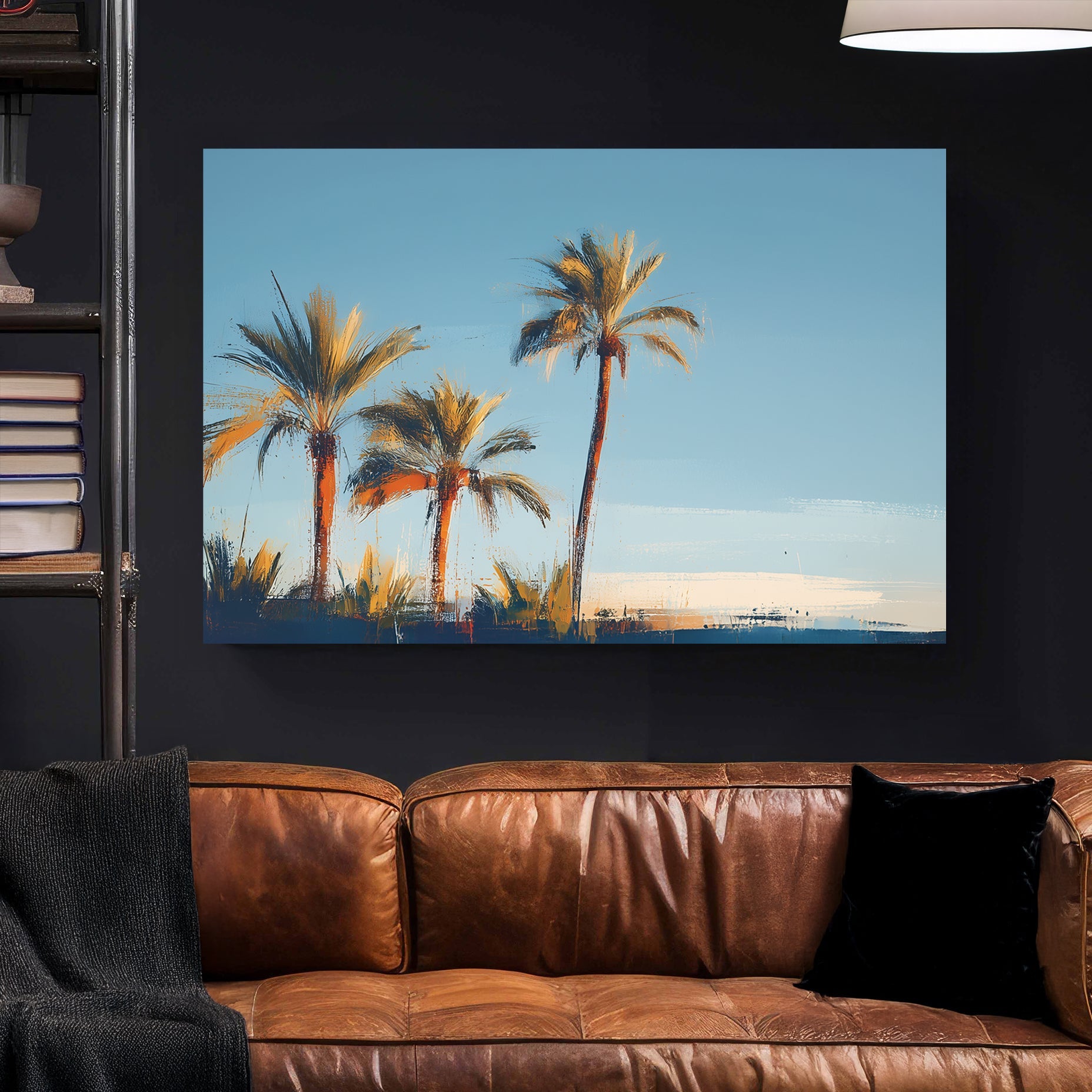 sunset palm tree wall art with soft painterly brushstrokes