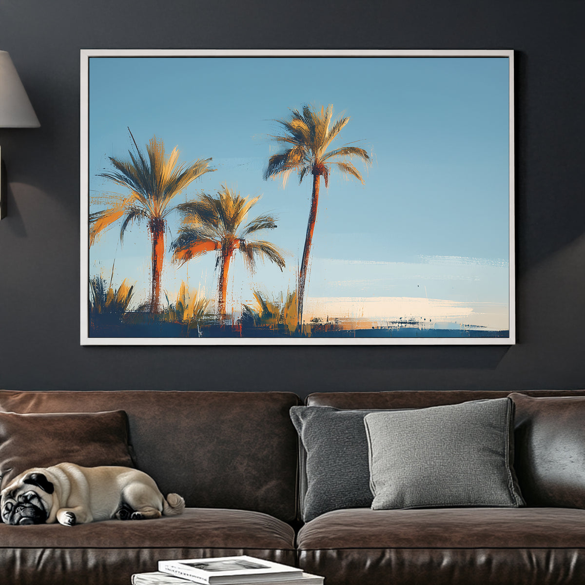 sunset palm tree wall art with soft painterly brushstrokes