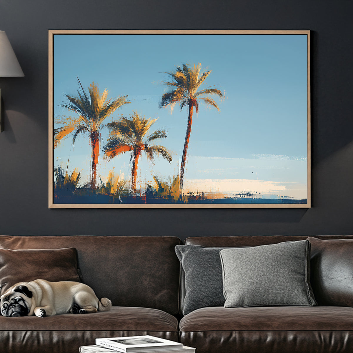 sunset palm tree wall art with soft painterly brushstrokes