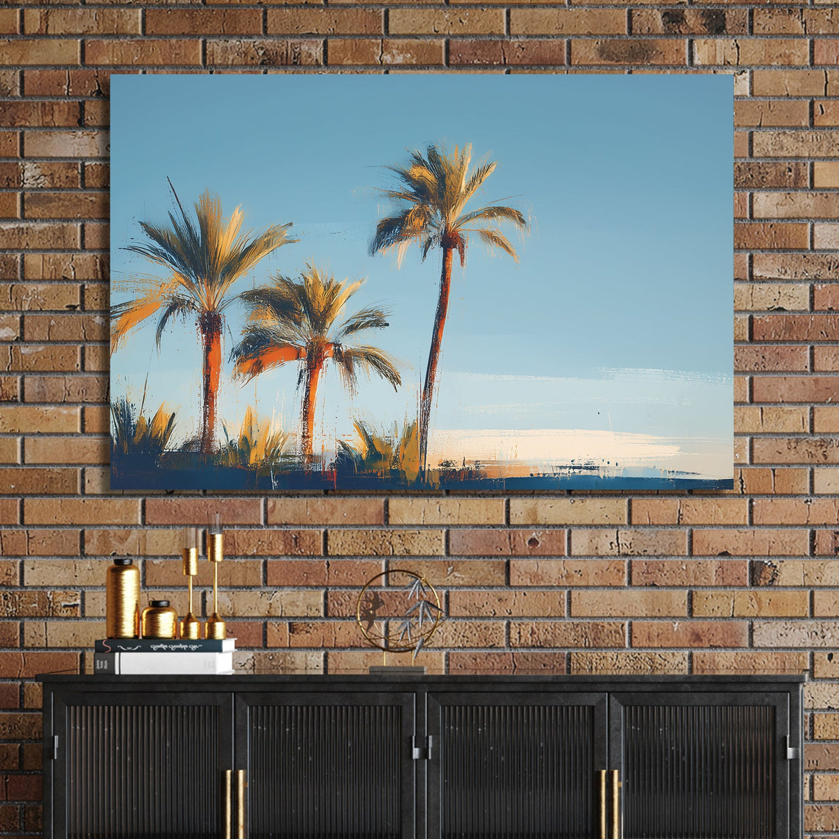 sunset palm tree wall art with soft painterly brushstrokes