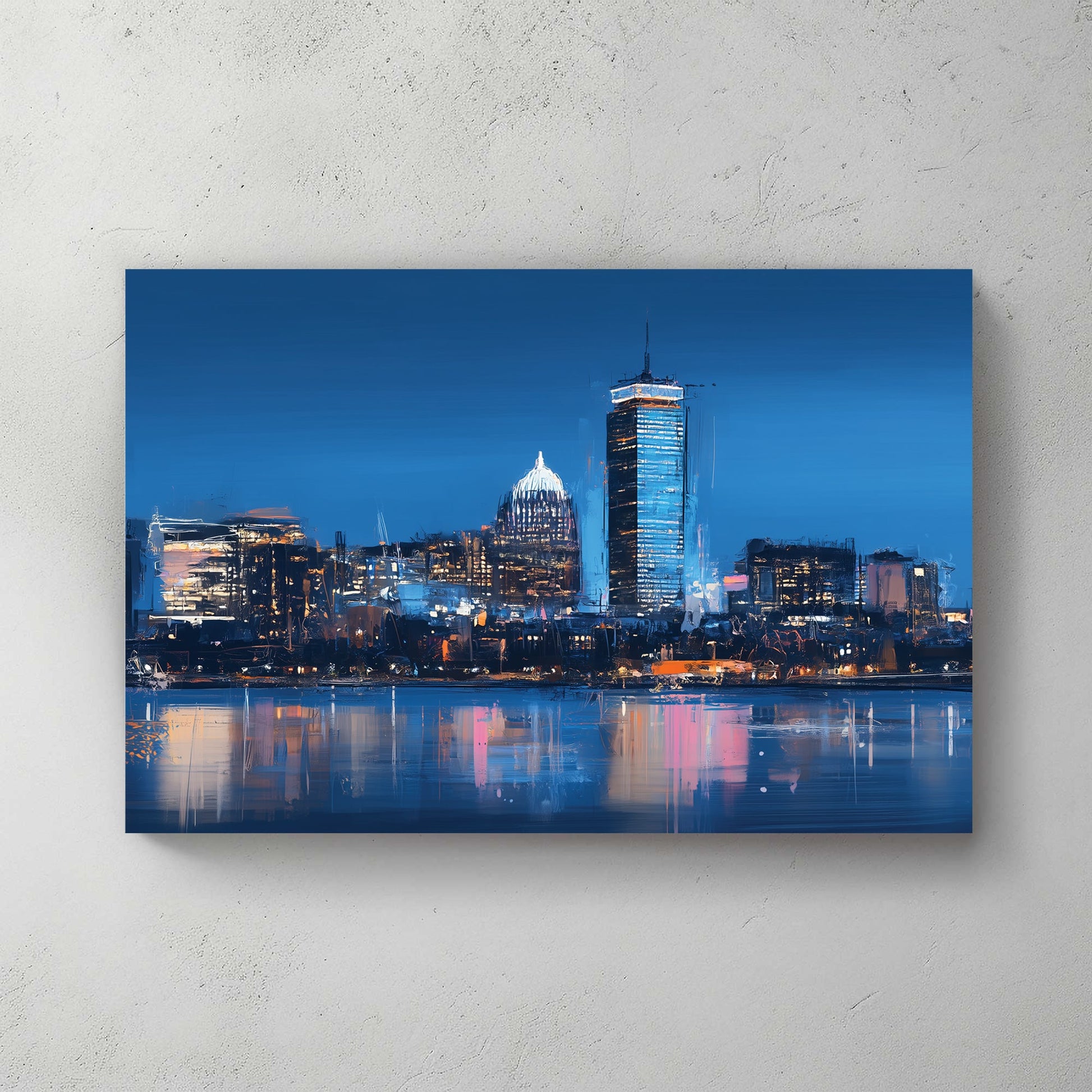 boston skyline wall art with blue night reflections