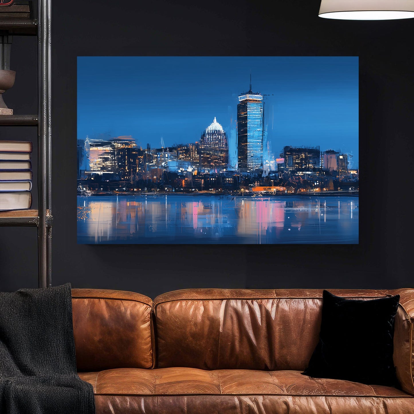 boston skyline wall art with blue night reflections