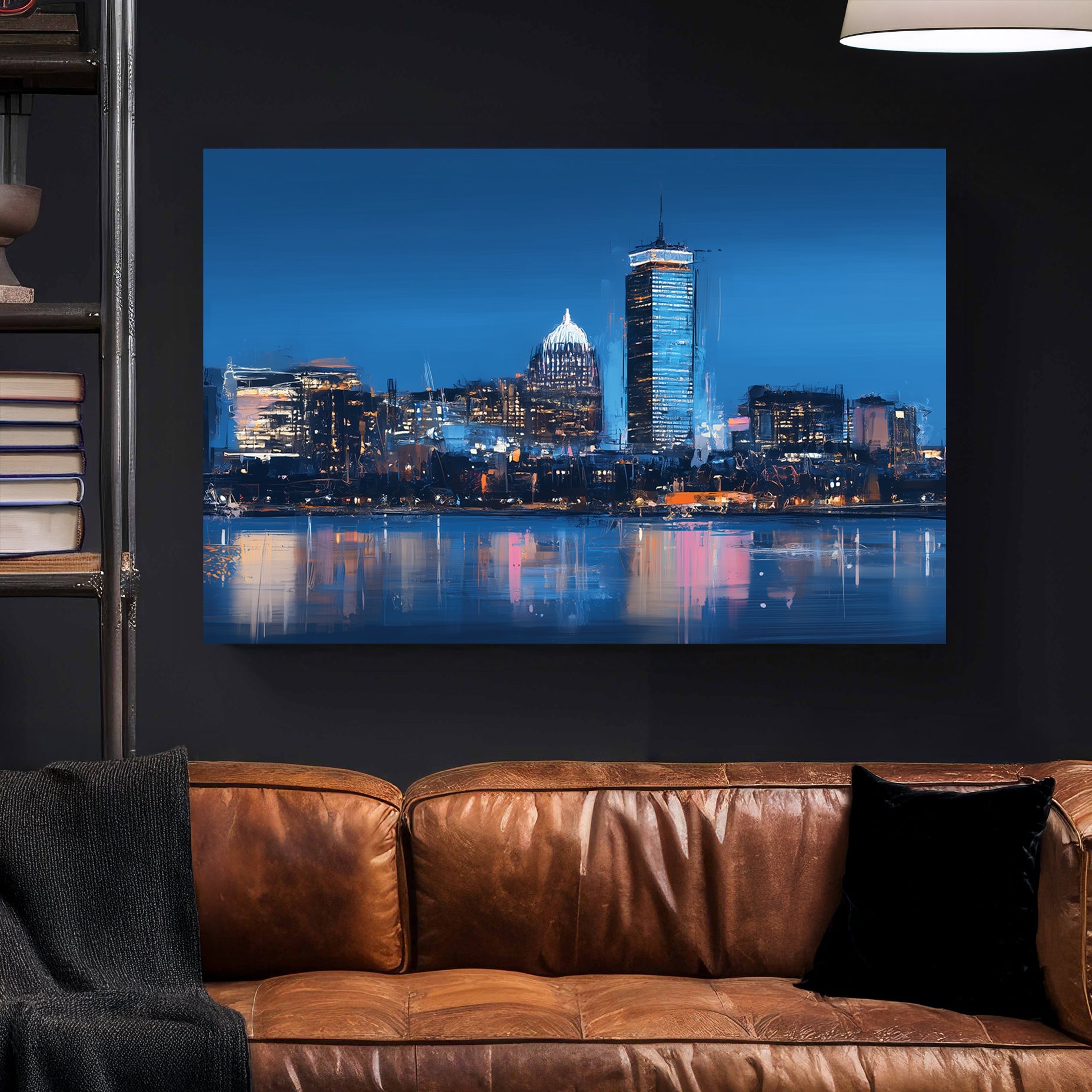 boston skyline wall art with blue night reflections
