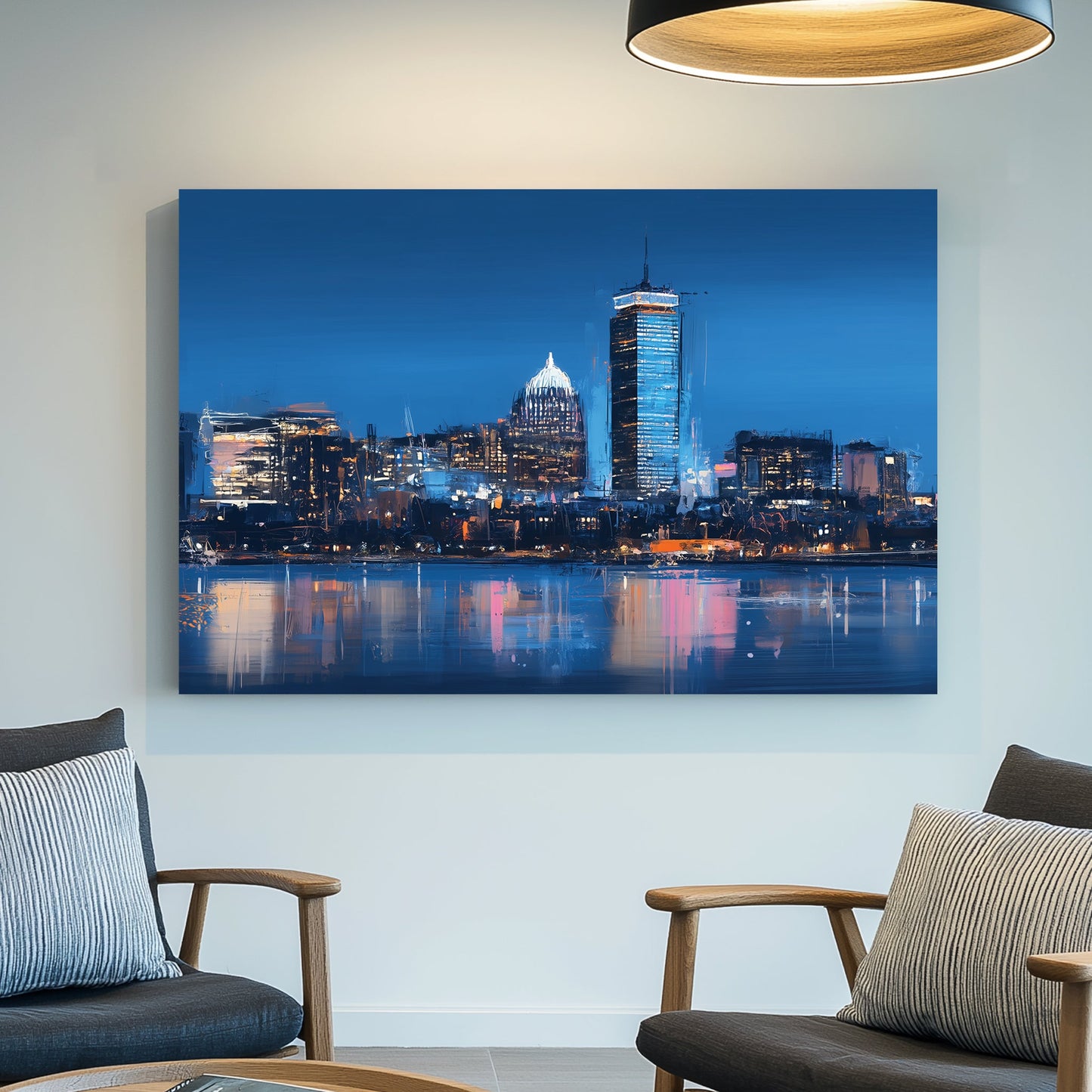 boston skyline wall art with blue night reflections