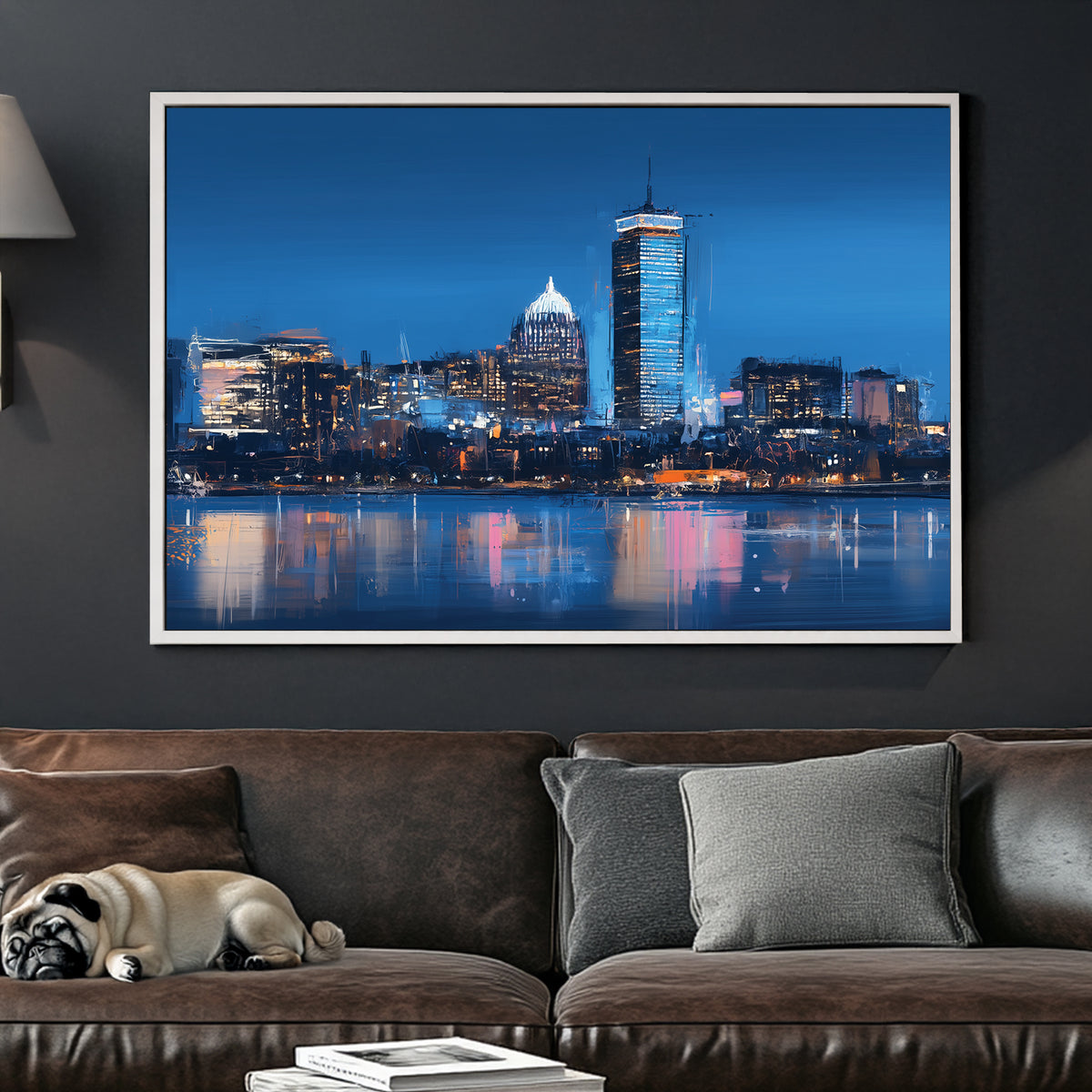 boston skyline wall art with blue night reflections