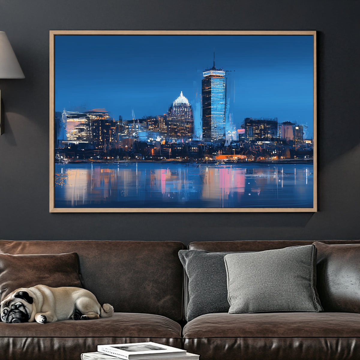 boston skyline wall art with blue night reflections