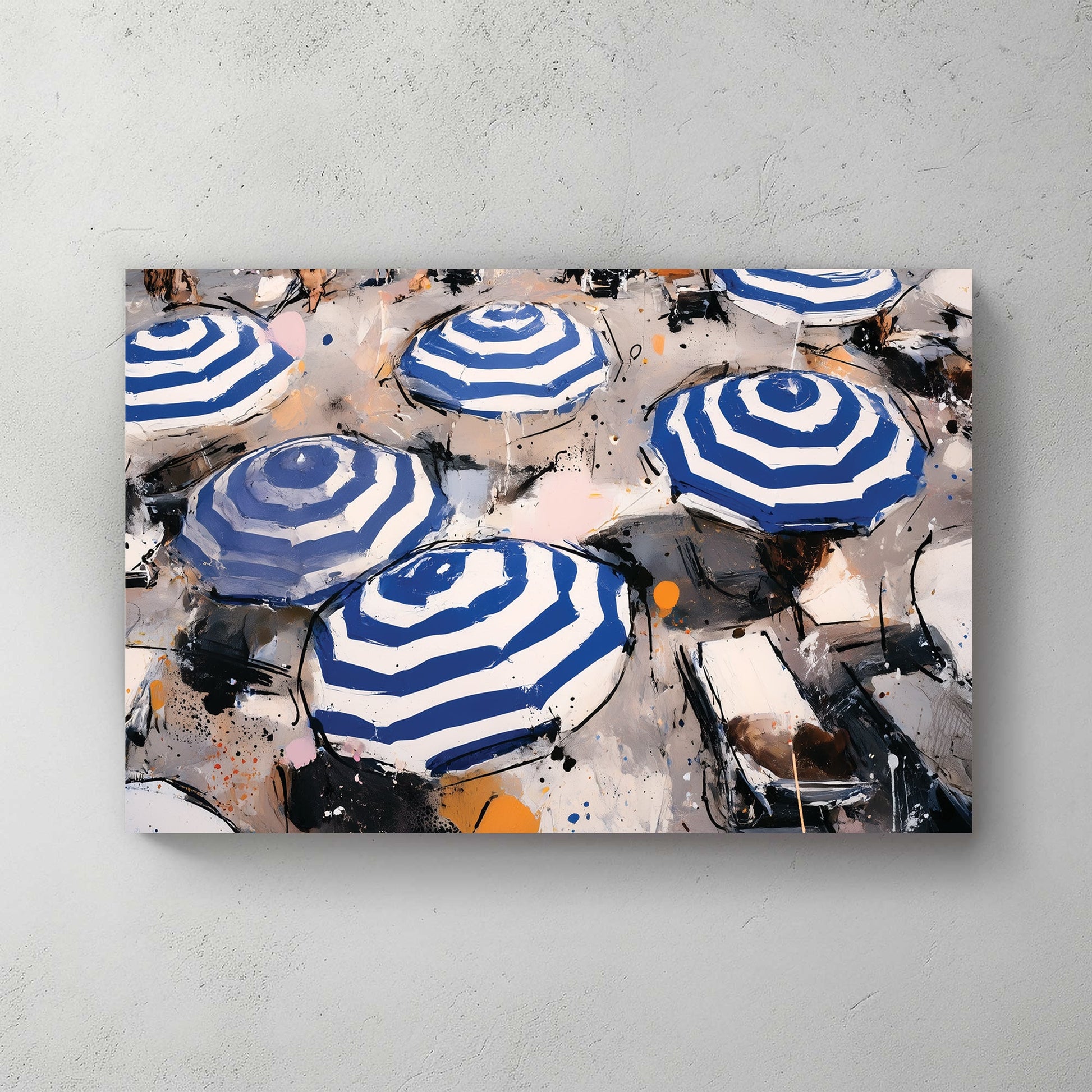 blue striped umbrellas beach wall art with abstract style
