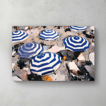 blue striped umbrellas beach wall art with abstract style