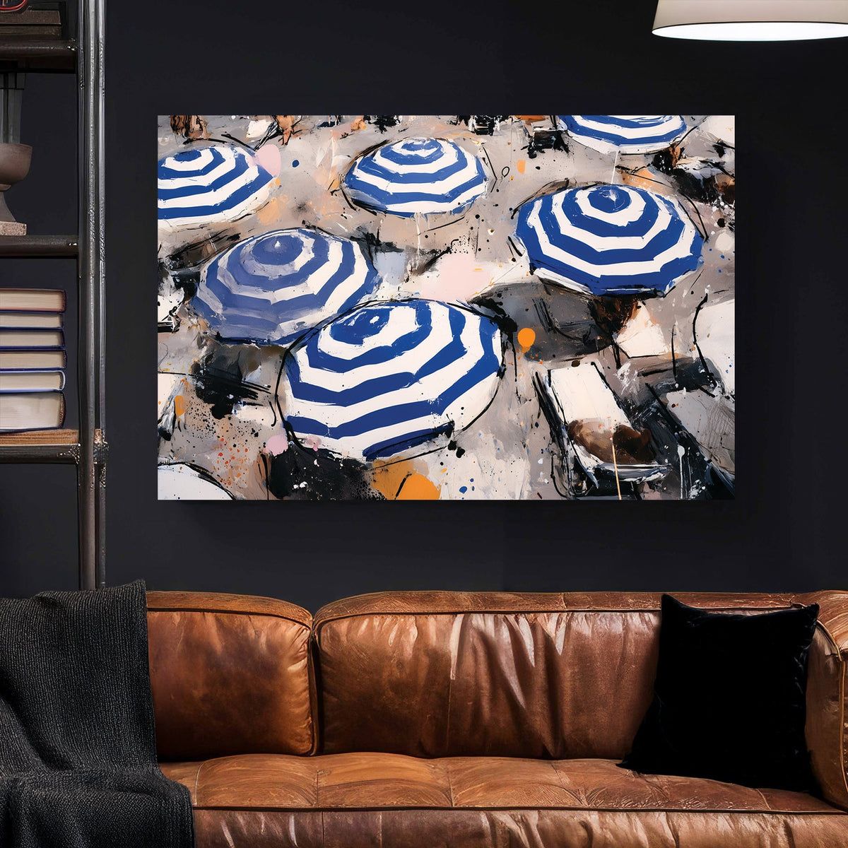 blue striped umbrellas beach wall art with abstract style